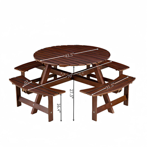 Natural Wooden Round Picnic Table For 8 person 03