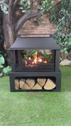 36 Inch Rectangular Outdoor Steel Wood Burning Fireplace with Log Storage Compartment and Poker
