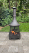 30 Inch Diameter Outdoor Steel Wood Burning Chimney Firepit with Cast Iron Cooking Grill and Poker
