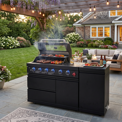 Cherylife 65-Inch 4-Burner 72,000 BTU Propane Gas Grill Island – Outdoor Kitchen with Round Side Burner, Marble Countertops, Rotating Blue Laser Light & Storage