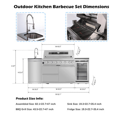 CheryLife All-in-One Outdoor Kitchen Island 85" – 85000 BTU Gas Grill with Built-in Refrigerator, Wine Cooler, Rotisserie & Granite Countertops