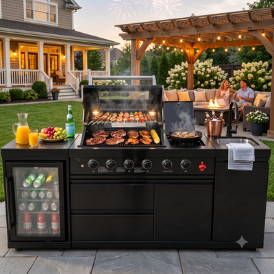 Cherylife 85-Inch 4-Burner 72,000 BTU Propane Gas Grill Island – Outdoor Kitchen with Wine Cooler, Refrigerator, Rotisserie, Marble Countertops & Sink