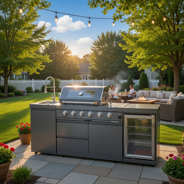 Cherylife S00006 NG 85-Inch 4-Burner 72,000 BTU Natural Gas Grill Island – Outdoor Kitchen with Refrigerator, Wine Cooler, Rotisserie, Granite Countertop & Sink