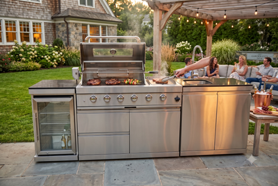 Cherylife 85-Inch 4-Burner 72,000 BTU Gas Grill Island – Outdoor Kitchen with Wine Cooler, Refrigerator, Rotisserie, Granite Countertops & Storage