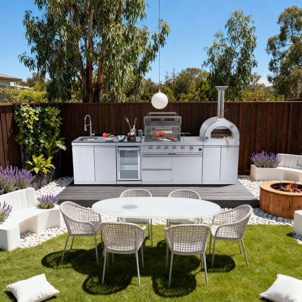 CheryLife 125-Inch 108000- BTU Double Stainless Steel Gas Outdoor Kitchen Bar Barbecue Island Grill+ Pizza oven + Wine Cooler Compact Refrigerator + Rotisserie + Granite Countertops + Storage Cabinets & Drawers