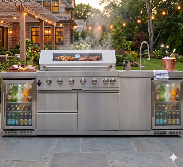Cherylife 85-Inch 6-Burner 85,000 BTU Gas Grill Island – Outdoor Kitchen with Wine Cooler, Refrigerator, Rotisserie, Granite Countertops & Storage