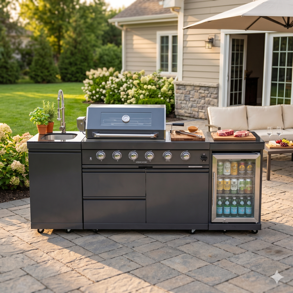 Cherylife 85-Inch 4-Burner 72,000 BTU Gas Grill Island – Outdoor Kitchen with Wine Cooler, Refrigerator, Rotisserie, Granite Countertops & Stainless Steel Sink