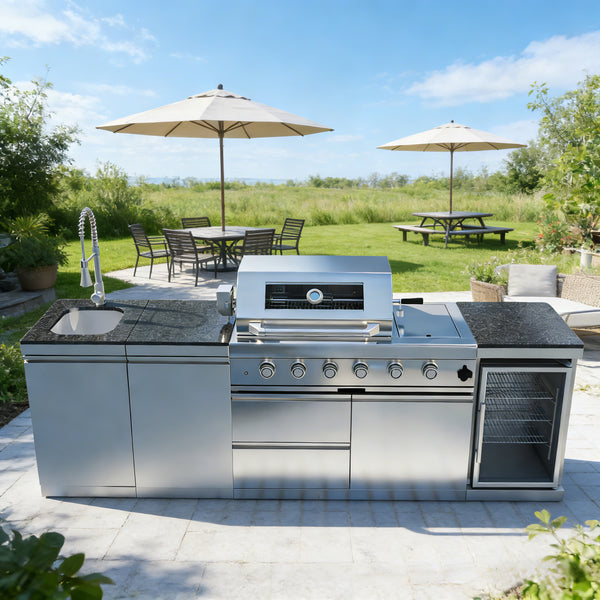 CheryLife 46-Inch 4-Burner 72000 BTU Deluxe Stainless Steel Gas Outdoor Kitchen Bar Barbecue Island Grill + Wine Cooler Compact Refrigerator + Rotisserie + Granite Countertops + Storage Cabinets & Drawers