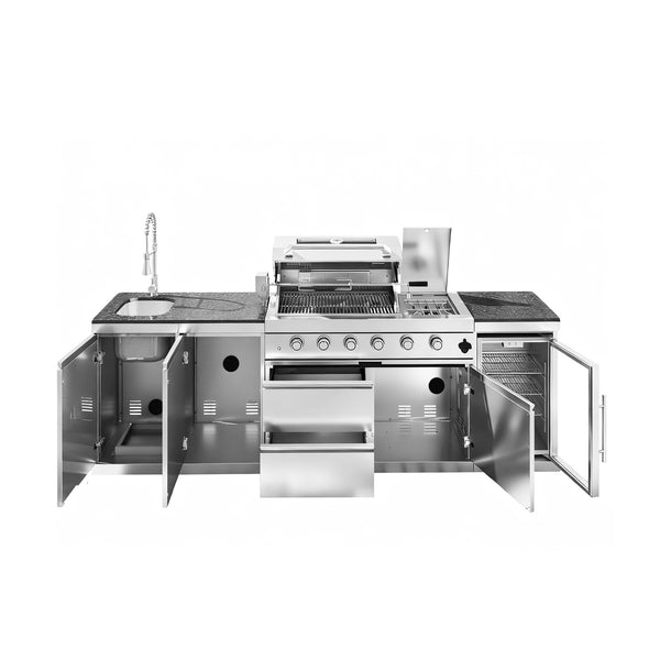 CheryLife 46-Inch 4-Burner 72000 BTU Deluxe Stainless Steel Gas Outdoor Kitchen Bar Barbecue Island Grill + Wine Cooler Compact Refrigerator + Rotisserie + Granite Countertops + Storage Cabinets & Drawers