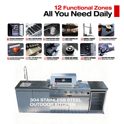 CheryLife 46-Inch 4-Burner 72000 BTU Deluxe Stainless Steel Gas Outdoor Kitchen Bar Barbecue Island Grill + Wine Cooler Compact Refrigerator + Rotisserie + Granite Countertops + Storage Cabinets & Drawers