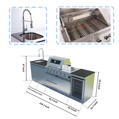 CheryLife 46-Inch 4-Burner 72000 BTU Deluxe Stainless Steel Gas Outdoor Kitchen Bar Barbecue Island Grill + Wine Cooler Compact Refrigerator + Rotisserie + Granite Countertops + Storage Cabinets & Drawers
