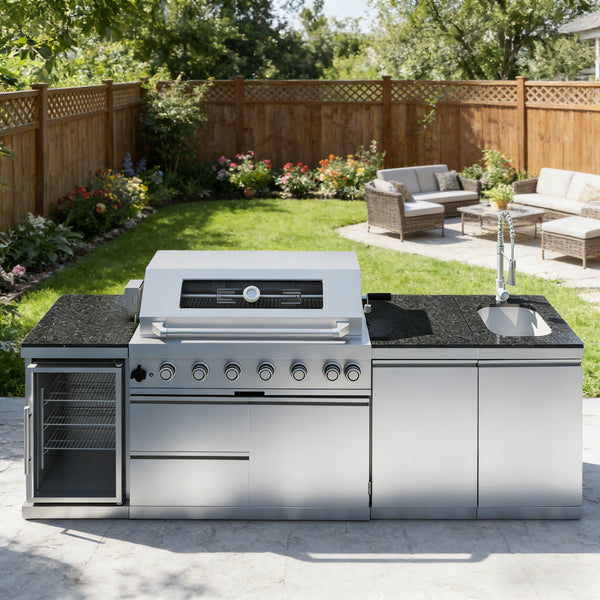 CheryLife 43-Inch 6-Burner 85000 BTU Deluxe Stainless Steel Gas Outdoor Kitchen Bar Barbecue Island Grill + Wine Cooler Compact Refrigerator + Rotisserie + Granite Countertops + Storage Cabinets & Drawers