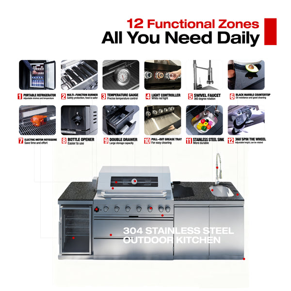 CheryLife 43-Inch 6-Burner 85000 BTU Deluxe Stainless Steel Gas Outdoor Kitchen Bar Barbecue Island Grill + Wine Cooler Compact Refrigerator + Rotisserie + Granite Countertops + Storage Cabinets & Drawers