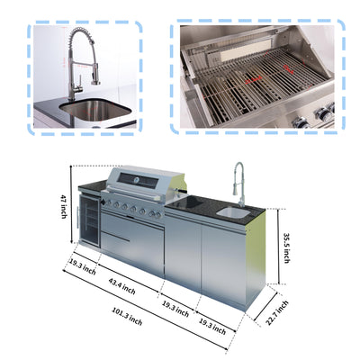 CheryLife 43-Inch 6-Burner 85000 BTU Deluxe Stainless Steel Gas Outdoor Kitchen Bar Barbecue Island Grill + Wine Cooler Compact Refrigerator + Rotisserie + Granite Countertops + Storage Cabinets & Drawers