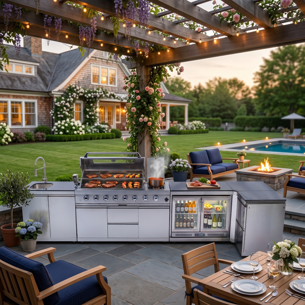 Cherylife 85-Inch 6-Burner 96,000 BTU Gas Grill Island – Outdoor Kitchen with Wine Cooler, Refrigerator, Rotisserie, Granite Countertops & Storage