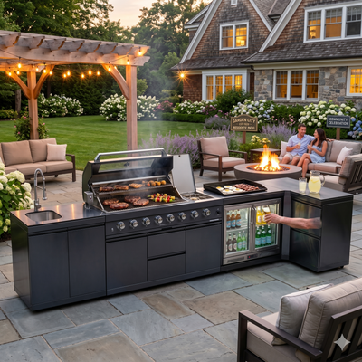Cherylife 157-Inch 6-Burner 96,000 BTU Gas Grill Island – Outdoor Kitchen with Wine Cooler, Refrigerator, Rotisserie, Granite Countertops & Storage