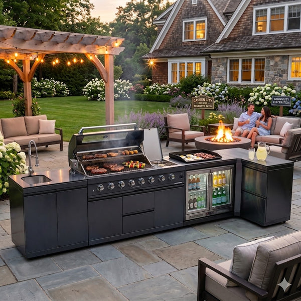 Cherylife 157-Inch 6-Burner 96,000 BTU Gas Grill Island – Outdoor Kitchen with Wine Cooler, Refrigerator, Rotisserie, Granite Countertops & Storage