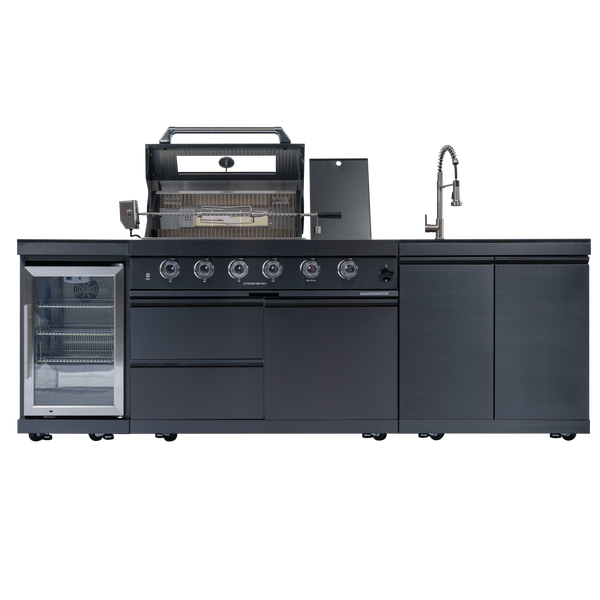 CheryLife 46-Inch 4-Burner 72000 BTU Deluxe Stainless Steel Gas Outdoor Kitchen Bar Barbecue Island Grill + Wine Cooler Compact Refrigerator + Rotisserie kit + Granite Countertops + Stainless steel Sink