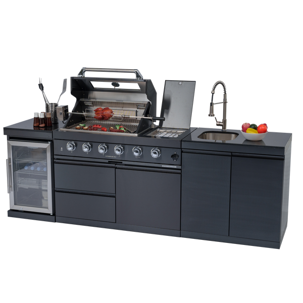 CheryLife 46-Inch 4-Burner 72000 BTU Deluxe Stainless Steel Gas Outdoor Kitchen Bar Barbecue Island Grill + Wine Cooler Compact Refrigerator + Rotisserie kit + Granite Countertops + Stainless steel Sink