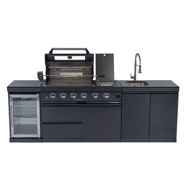 CheryLife 46-Inch 4-Burner 72000 BTU Deluxe Stainless Steel Gas Outdoor Kitchen Bar Barbecue Island Grill + Wine Cooler Compact Refrigerator + Rotisserie kit + Granite Countertops + Stainless steel Sink