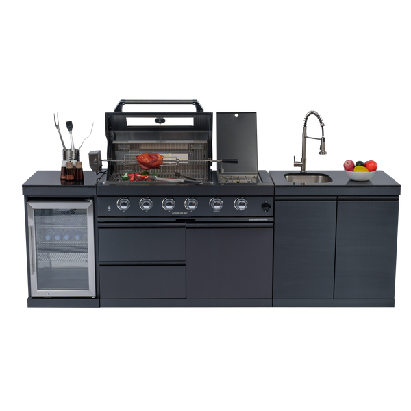 CheryLife 46-Inch 4-Burner 72000 BTU Deluxe Stainless Steel Gas Outdoor Kitchen Bar Barbecue Island Grill + Wine Cooler Compact Refrigerator + Rotisserie kit + Granite Countertops + Stainless steel Sink