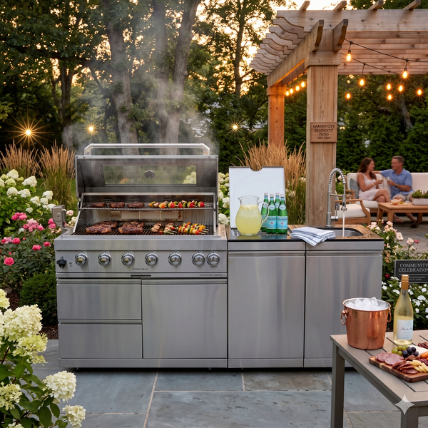 Cherylife 85-Inch 6-Burner 85,000 BTU Gas Grill Island – Outdoor Kitchen with Rotisserie, Granite Countertops, Stainless Steel Sink/Faucet & Storage