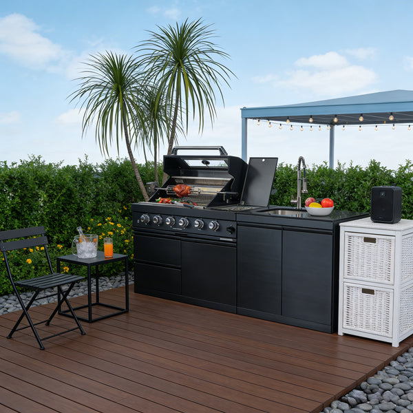 Cherylife 65-Inch 4-Burner 72,000 BTU Natural Gas Grill Island – Outdoor Kitchen with Round Side Burner, Rotisserie, Granite Countertop, Sink & Faucet