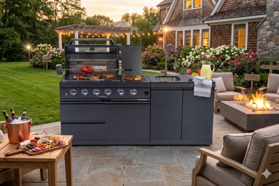 Cherylife 65-Inch 4-Burner 72,000 BTU Gas Grill Island – Outdoor Kitchen with Round Side Burner, Rotisserie, Granite Countertops, Sink & Faucet