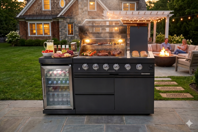 Cherylife 85-Inch 4-Burner 72,000 BTU Gas Grill Island – Outdoor Kitchen with Wine Cooler, Refrigerator, Rotisserie, Granite Countertops & Storage