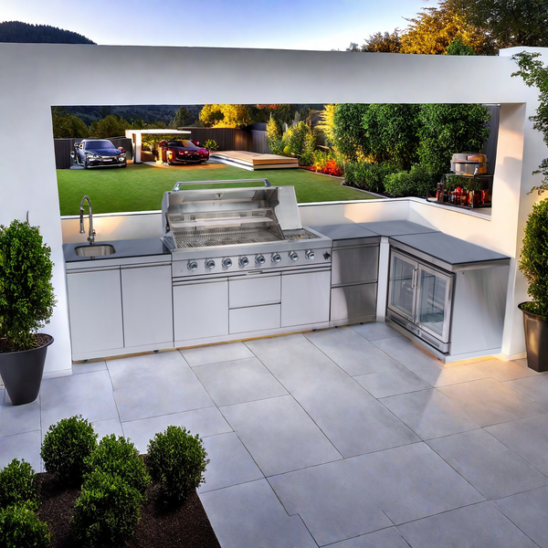 Cherylife 85-Inch 6-Burner 96,000 BTU Gas Grill Island – Outdoor Kitchen with Wine Cooler, Refrigerator, Rotisserie, Granite Countertops & Storage