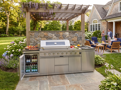 Cherylife 96-Inch 6-Burner 85,000 BTU Gas Grill Island – Outdoor Kitchen with Wine Cooler, Refrigerator, Rotisserie, Granite Countertops & Storage