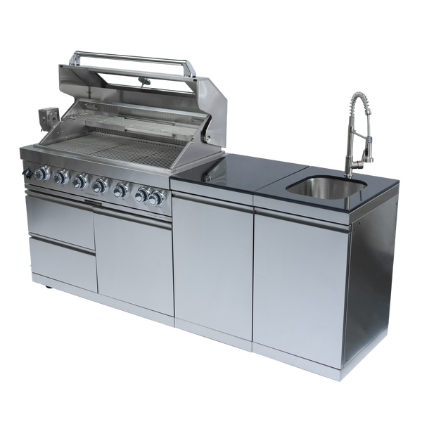 Cherylife 85-Inch 6-Burner 85,000 BTU Gas Grill Island – Outdoor Kitchen with Rotisserie, Granite Countertops, Stainless Steel Sink/Faucet & Storage
