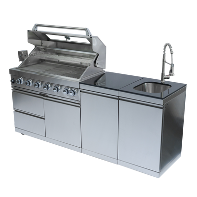 Cherylife NG 85-Inch 6-Burner 85,000 BTU Natural Gas Grill Island – Outdoor Kitchen with Rotisserie, Granite Countertops, Sink/Faucet & Storage