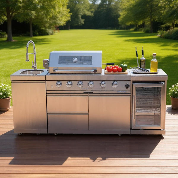 Cherylife S00006 NG 85-Inch 4-Burner 72,000 BTU Natural Gas Grill Island – Outdoor Kitchen with Refrigerator, Wine Cooler, Rotisserie, Granite Countertop & Sink