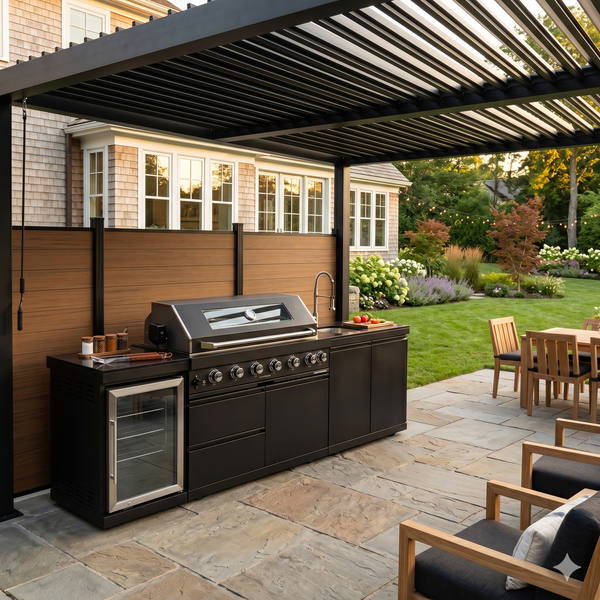 Cherylife S00042 NG 85-Inch 6-Burner 85,000 BTU Natural Gas Grill Island – Outdoor Kitchen with Refrigerator, Wine Cooler, Rotisserie & Granite Countertops