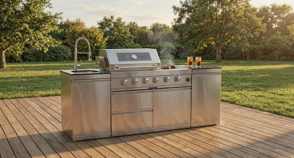 Cherylife S00043 NG 85-Inch 4-Burner 72,000 BTU Natural Gas Grill Island – Deluxe Outdoor Kitchen with Side Burner, Rotisserie, Granite Countertops, Sink/Faucet, Storage