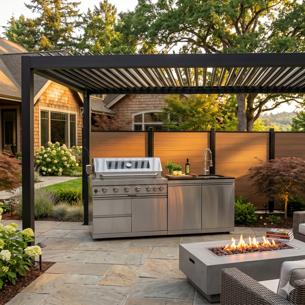 Cherylife NG 85-Inch 6-Burner 85,000 BTU Natural Gas Grill Island – Outdoor Kitchen with Rotisserie, Granite Countertops, Sink/Faucet & Storage