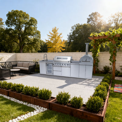 CheryLife 128-Inch Outdoor Kitchen Island - 120K BTU Gas BBQ Grill + Pizza Oven + Wine Cooler & Fridge - Stainless Steel