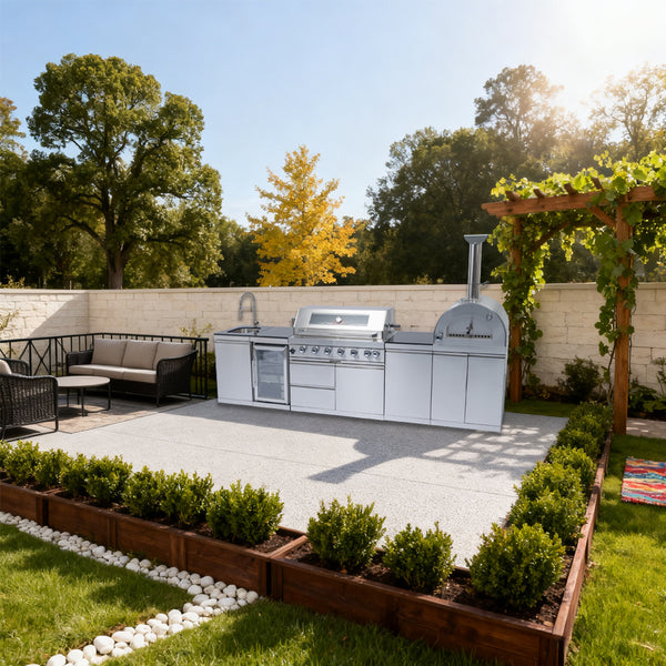 CheryLife 128-Inch Outdoor Kitchen Island - 120K BTU Gas BBQ Grill + Pizza Oven + Wine Cooler & Fridge - Stainless Steel