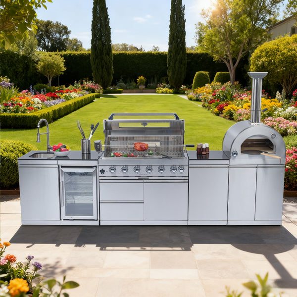 CheryLife 128-Inch Outdoor Kitchen Island - 120K BTU Gas BBQ Grill + Pizza Oven + Wine Cooler & Fridge - Stainless Steel