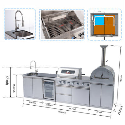 CheryLife 125-Inch 108000 BTU Gas Outdoor Kitchen Island with Grill Pizza Oven Refrigerator Wine Cooler | Stainless Steel