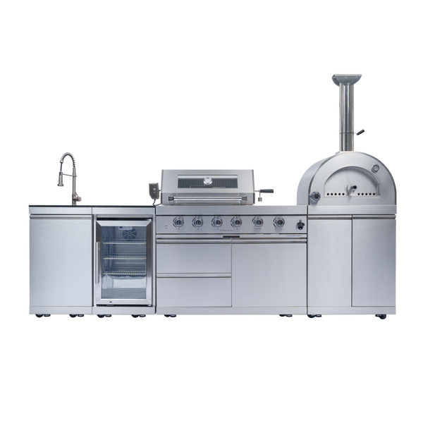 CheryLife 112-Inch 108000- BTU Double Stainless Steel Gas Outdoor Kitchen Bar Barbecue Island Grill+ Pizza oven + Wine Cooler Compact Refrigerator + Rotisserie + Granite Countertops + Storage Cabinets & Drawers