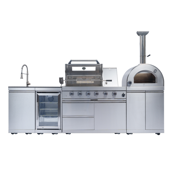 CheryLife 112-Inch 108000- BTU Double Stainless Steel Gas Outdoor Kitchen Bar Barbecue Island Grill+ Pizza oven + Wine Cooler Compact Refrigerator + Rotisserie + Granite Countertops + Storage Cabinets & Drawers