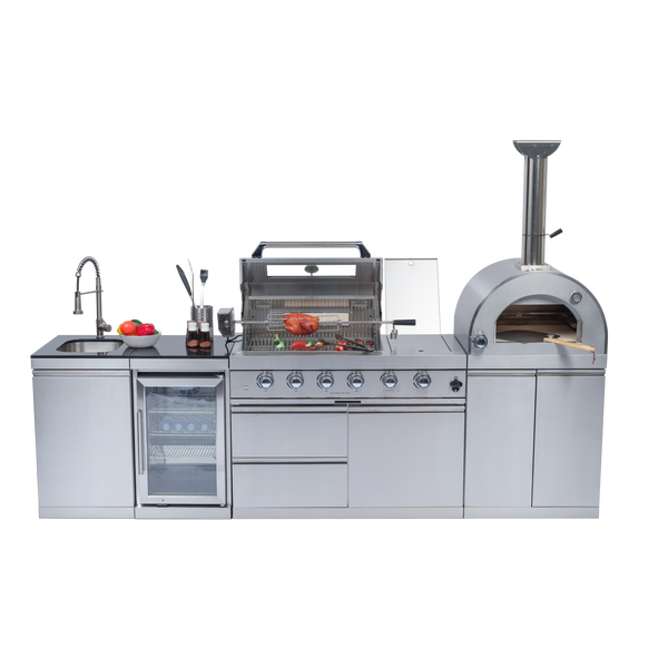 CheryLife 112-Inch 108000- BTU Double Stainless Steel Gas Outdoor Kitchen Bar Barbecue Island Grill+ Pizza oven + Wine Cooler Compact Refrigerator + Rotisserie + Granite Countertops + Storage Cabinets & Drawers