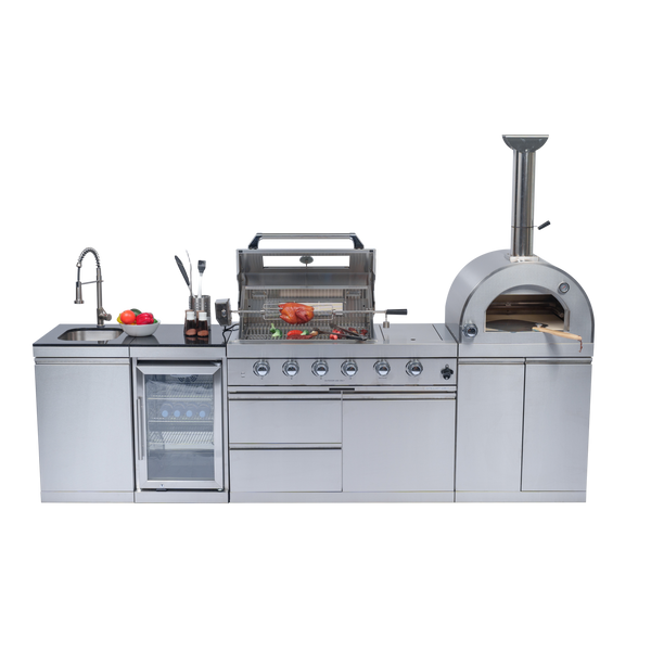 CheryLife 112-Inch 108000- BTU Double Stainless Steel Gas Outdoor Kitchen Bar Barbecue Island Grill+ Pizza oven + Wine Cooler Compact Refrigerator + Rotisserie + Granite Countertops + Storage Cabinets & Drawers