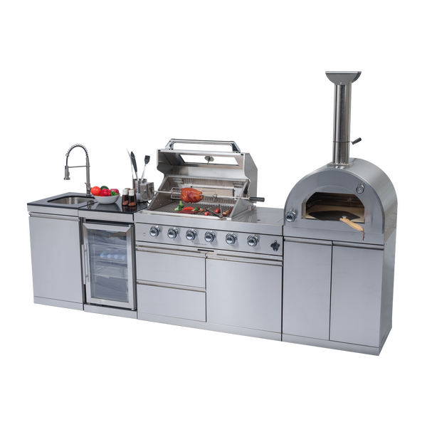 CheryLife 112-Inch 108000- BTU Double Stainless Steel Gas Outdoor Kitchen Bar Barbecue Island Grill+ Pizza oven + Wine Cooler Compact Refrigerator + Rotisserie + Granite Countertops + Storage Cabinets & Drawers