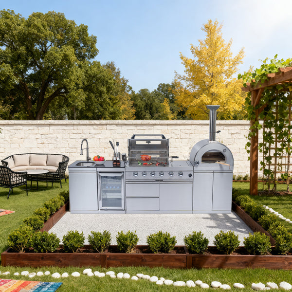 CheryLife 112-Inch 108000- BTU Double Stainless Steel Gas Outdoor Kitchen Bar Barbecue Island Grill+ Pizza oven + Wine Cooler Compact Refrigerator + Rotisserie + Granite Countertops + Storage Cabinets & Drawers