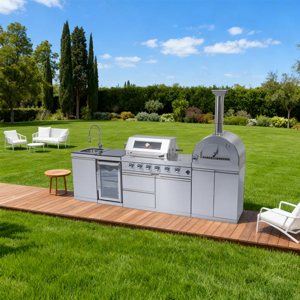 CheryLife 112-Inch 108000- BTU Double Stainless Steel Gas Outdoor Kitchen Bar Barbecue Island Grill+ Pizza oven + Wine Cooler Compact Refrigerator + Rotisserie + Granite Countertops + Storage Cabinets & Drawers