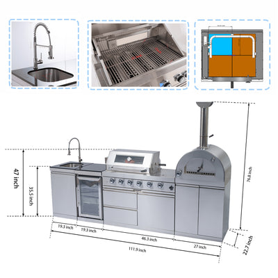 CheryLife 112-Inch Prefab Outdoor Kitchen Island with Grill & Pizza Oven