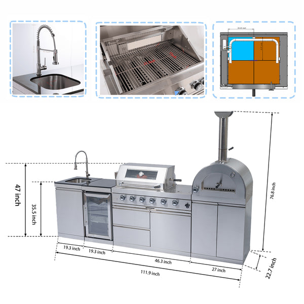 CheryLife 112-Inch 108000- BTU Double Stainless Steel Gas Outdoor Kitchen Bar Barbecue Island Grill+ Pizza oven + Wine Cooler Compact Refrigerator + Rotisserie + Granite Countertops + Storage Cabinets & Drawers